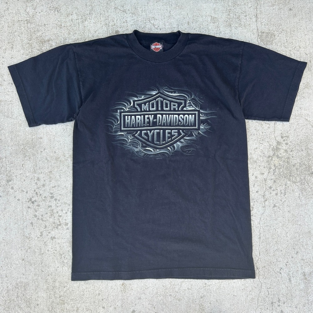 Harley-Davidson Shirt Large Black Vintage Y2K Chrome Logo Flames San Juan CA Tee